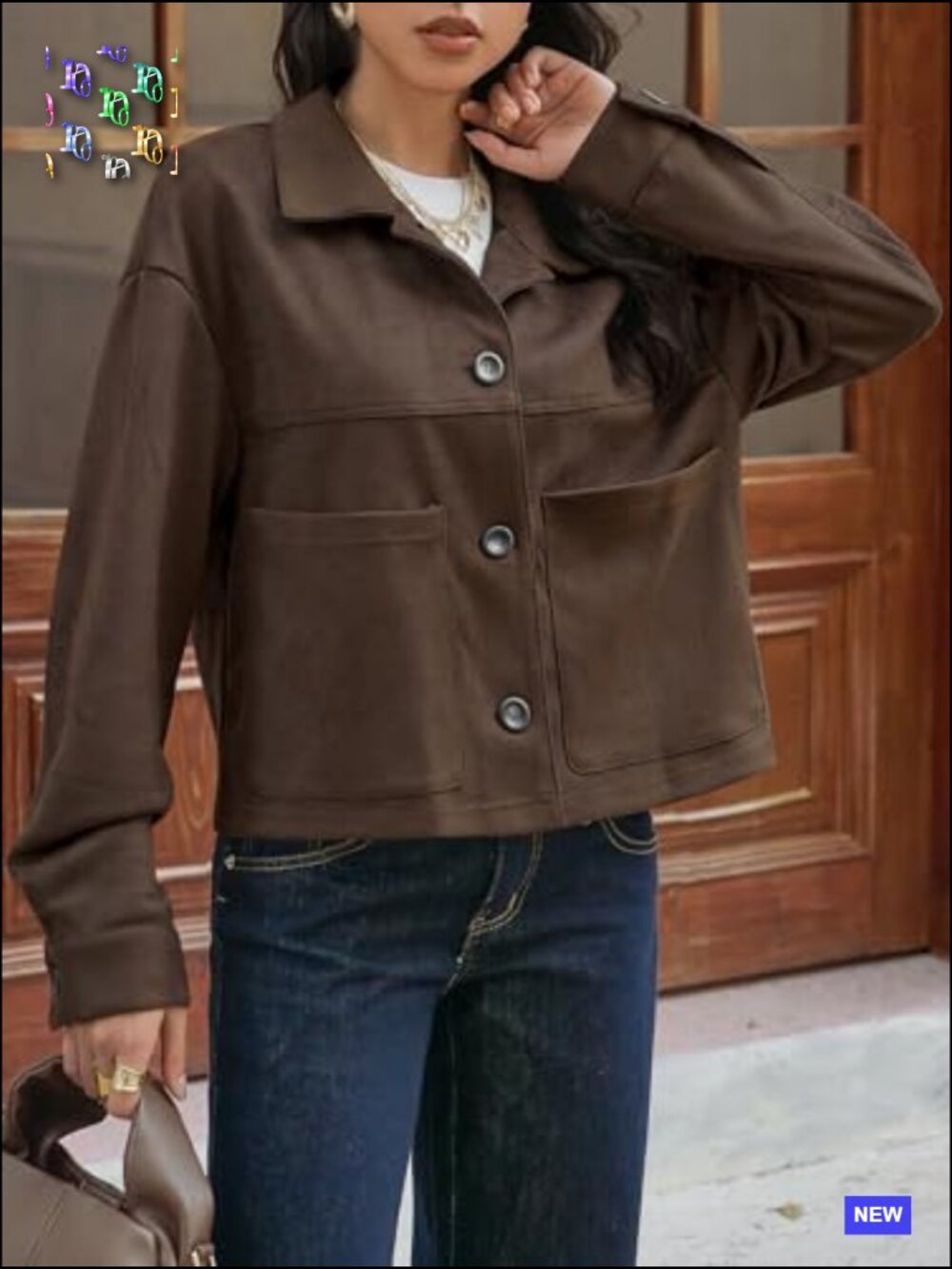 Cropped Faux Suede Jacket Lapel Collar Button Down Short Coat Fall Winter - Picture 5 of 6